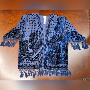 S/M Chicos Navy Blue Velvet Burnout Duster with Beaded Tassel Detail